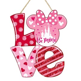 Valentine's Day Love Door Sign, Red & Pink Mouse Shaped Wooden Wreath Valentine Heart Happy Valentine's Day Decor for Front Door Wall Hanging Decor Party Home Decoration