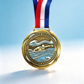 YUJUE Swimming Medal - 3.34 Inch - Freestyle Swimmer Design with Stars & Laurel Wreath - Custom Award for Swim Competitions, Tournaments & Sports Events - Includes Red, White & Blue Ribbon