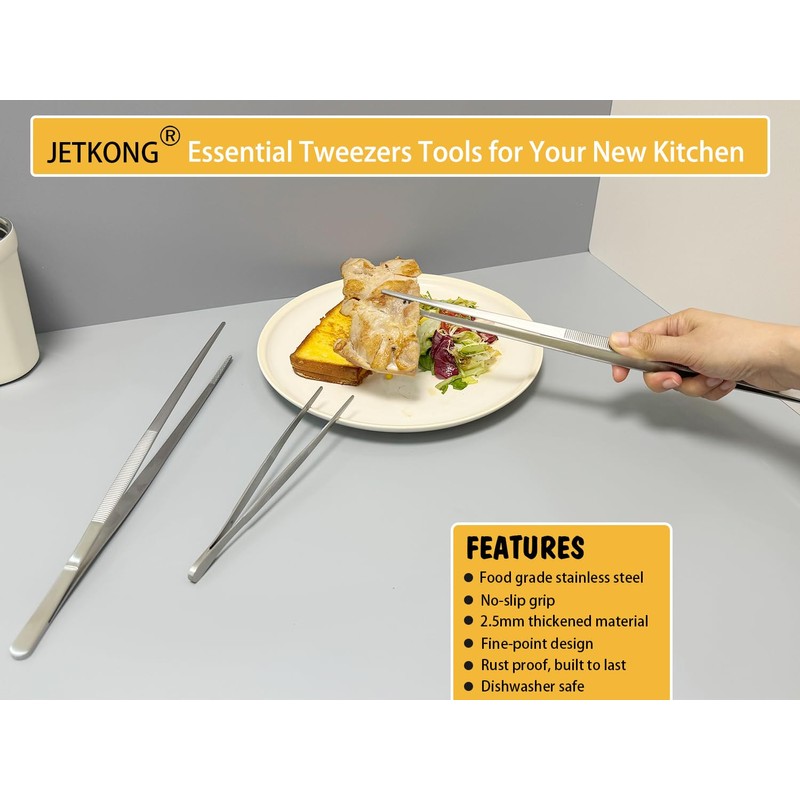 JETKONG 9 Inch Stainless Steel Kitchen Tweezers Multi-function Precision Serrated