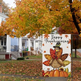 Wodison Happy Thanksgiving Garden Flag 12x18 Inch Double Sided, Small Burlap Pumpkin Turkey Flags for Seasonal Harvest Yard Outdoor Decorations