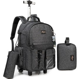 Oruiji Rolling Backpack for Girls Boys with Wheels, Lunch Bag, Pencil Case, Black School Backpack, Kids Suitcase, Back to School Supplies, F0328