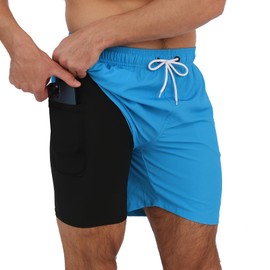 Arcweg Mens Swim Trunks with Compression Liner 2 in 1 Beach Swimming Trunks Quick Dry Swim Shorts with Zipper Pockets Light Blue