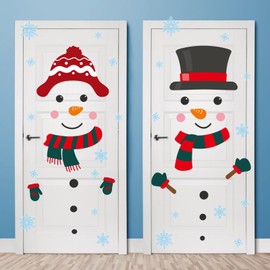 FINPAC 4 Sheets Christmas Door Stickers, Removable Door Decorations Christmas Wall Stickers Snowman Elk Snowflake Stickers for Room Wall Door Refrigerator Window