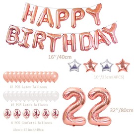 22 Years Old Number Birthday Balloons, Decoration, 31.5 inches (80 cm), 22 Number Balloons, Combination of Happy Birthday Banner, Happy Birthday, Rose Gold, Heart Balloons, Confetti Balloons, Star