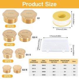Brass Plug 3/4 Inch, Pack of 8 Sealing Caps, Male Thread, 3/8 1/2, 3/4, 1 Male Thread with Seal, Brass Cap Hexagonal with Storage Box for Taps, Water Pipes