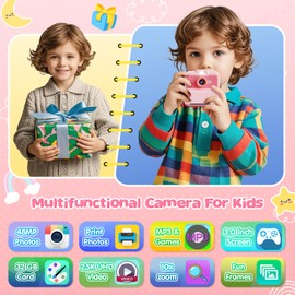 CAMCLID Cámara Instantánea para Niños, 3,0 Pulg Camara Fotos Niños, 48MP/2.5 UHD Cámara Instantánea con Tarjeta de 32 GB, Juguete Educativo Regalo Niñas/Niños 3-11 Años(Rosa)