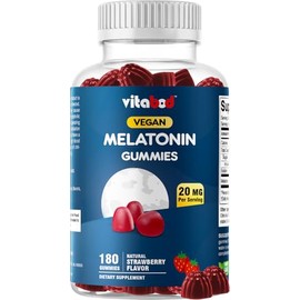 Vitabod Gomitas de melatonina de 20 mg – 180 unidades – Sin drogas – Sabor natural de fresa – Vegetarianas, sin OMG, sin gluten (1 botella)