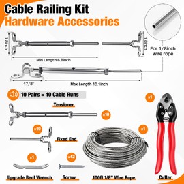 MorningRo 10 Pairs Cable Railing Kit 1/8" Swage Toggle Turnbuckle Cable Railing Hardware 100ft Stainless Wire Rope Steel Cable with a Cutter for Wood Post Cable Railing System Angle 180° Adjustable