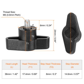 HARFINGTON 20pcs Wing Knobs M5 x 6mm Male Thread Plastic Tee Stud Knobs T Threaded Handles Hand Clamping Tightening Thumb Screws Thumbscrew, Black