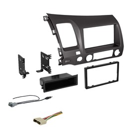 Dark Metallic Double DIN Dash Kit for 2006-2011 Civic with Antenna Adapter & Harness, Compatible with All Trim Levels