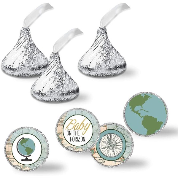 Adventure Awaits World Traveler Gender Neutral Baby Shower Kiss Sticker Labels, 300 Party Circle Sticker sized 0.75” for Chocolate Drop Kisses by AmandaCreation, Great for Party Favors, Envelope Seals & Goodie Bags