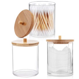 HENGBIRD Pack of 3 Cotton Buds Cotton Pads Storage Container with Bamboo Lid, Small Round Cotton Pad Dispenser, Acrylic Cosmetic Pads, Ear Sticks Dispenser, Make Up Organiser for Dressing Table,