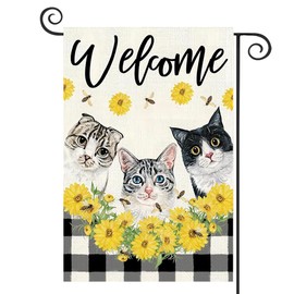 DMERBYL Sunflower Cat Garden Flag Summer Garden Flag 12x18 Inch Vertical Double Sided Buffalo Plaid Floral Cute Cats Welcome Yard Outdoor Burlap Yard Flag Decoration