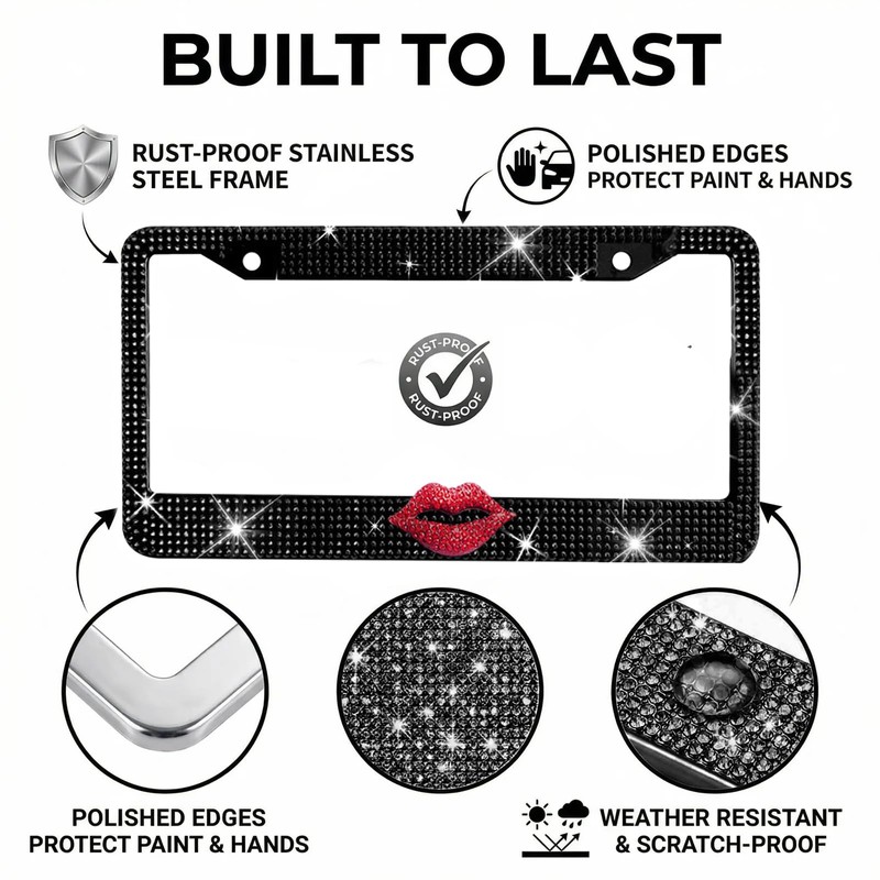 Hurifeng 1 Pack Black Bling License Plate Frame with Red