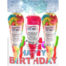 Happy Birthday Series Bright Sour Worms And Red Wild Cherry Gummi Gummy Bears (NET WT 31 OZ) (Pack of 3) In 1 Box Gourmet Kruise Signature Gift Bags