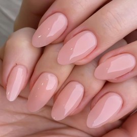 GLAMERMAID Nude Pink Press On Nails Short Almond, Natural Pure Pink Handmade Soft Jelly Gel Fake Nails Tip, Neutral Glossy Round Oval Stick Glue on Nails Kit for Women, Reusable Acrylic False Nail Set | GLAMERMAID