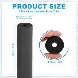 PATIKIL 3/8" (10mm) ID x 3.3Ft x 0.59" Pipe Insulation Foam Tube, 3Pcs Pipe Cover Wrap Roll Bar Tubing for Handle Grip HVAC Air Conditioner Units, Black