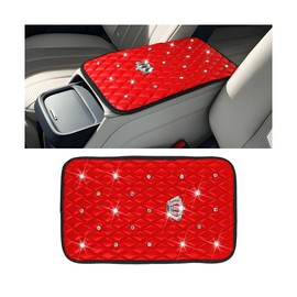 Mandark Bling Car Center Console Cover, Rhinestones Crown Vehicle Armrest Seat Box Mat Pad, Diamond Automotive Interior Arm Rest Cushion Protector Decor Accessories, Universal Fit(Red)