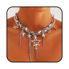 Obmyec Punk Choker Necklace for Women Silver Star Chain Choker Heart Y2K Grunge Necklaces Goth Rivet Layered Choker Rhinestone Jewelry Gifts (Star)