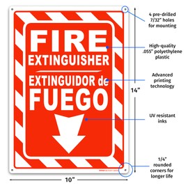 Brimar - 10 x 14" - Bilingual Fire Extinguisher Sign - Polyethylene Plastic - Bilingual Design - Easy Installation