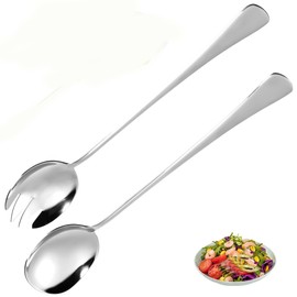HUATEEN Stainless Steel Salad Servers Set,2 PCS Salad Spoon and Fork Set Ergonomic Serving Utensils for Salads Home Restaurants Parties Silver 12 Inch