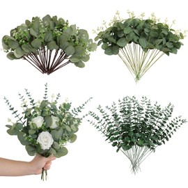 Alynsehom Artificial Greenery Stems 90pcs Mixed 3 Kinds Bulk Faux Eucalyptus Leaves Stems Fake Sprays Oval Eucalyptus with White Seeds, Floral Wreath Garland DIY Vase Bouquets Wedding Home Decor