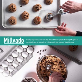 Millvado 3 Pack Stainless Steel Ice Cream and Cookie Scoops | With Blue Rubber Grips – Spring Loaded Lever Design – For Sorbet, Melon, Meatballs, Muffins, and More – Includes 1-Oz, 2-Oz, and 3-Oz