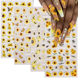 Sunflower Nail Art Stickers 5D Embossed Summer Yellow Sun Flower Nail Decals Engraved Flower Nail Sticker Pegatinas Uñas Self Adhesive Nail Accessories for Women Girls Manicure Decoration 4 Sheets