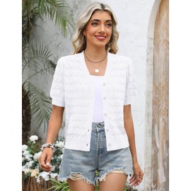IECCP Womens Short Sleeve Summer Cropped Cardigan Open Front Crochet Shrug Hollowed-Out Knit Sweater V Neck Button Down Tops (White,XL)