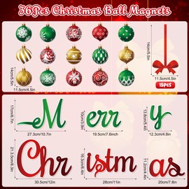 36 Pcs Christmas Garage Door Magnets Decorations, Xmas Ball Garage Door Decorations, Merry Christmas Magnets Stickers for Refrigerator Fridge Kitchen Car Indoor Outdoor Decorations, Red Green Gold