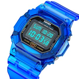 Gosasa Outdoor Sport Unisex Watches Back Light Digital Watches Transparent Multifunctional Wristwatch Casual Style Stopwatch Date 5Bar Waterproof (Blue)