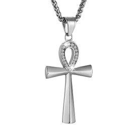 HZMAN Stainless Steel Coptic Ankh Cross Necklace for Men Women Retro Religious Cross Pendant with 22+2" Rope Chain (Silver-CZ)
