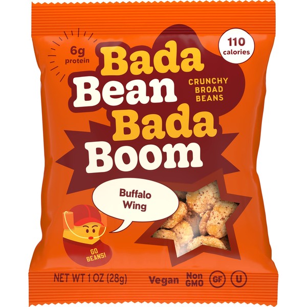 Enlightened Bada Bean Bada Boom - Plant-Based Protein, Gluten Free, Vegan, Crunchy Roasted Broad (Fava) Bean Snacks, 110 Calories per Serving, Buffalo Wing, 1 Ounce (Pack of 24)