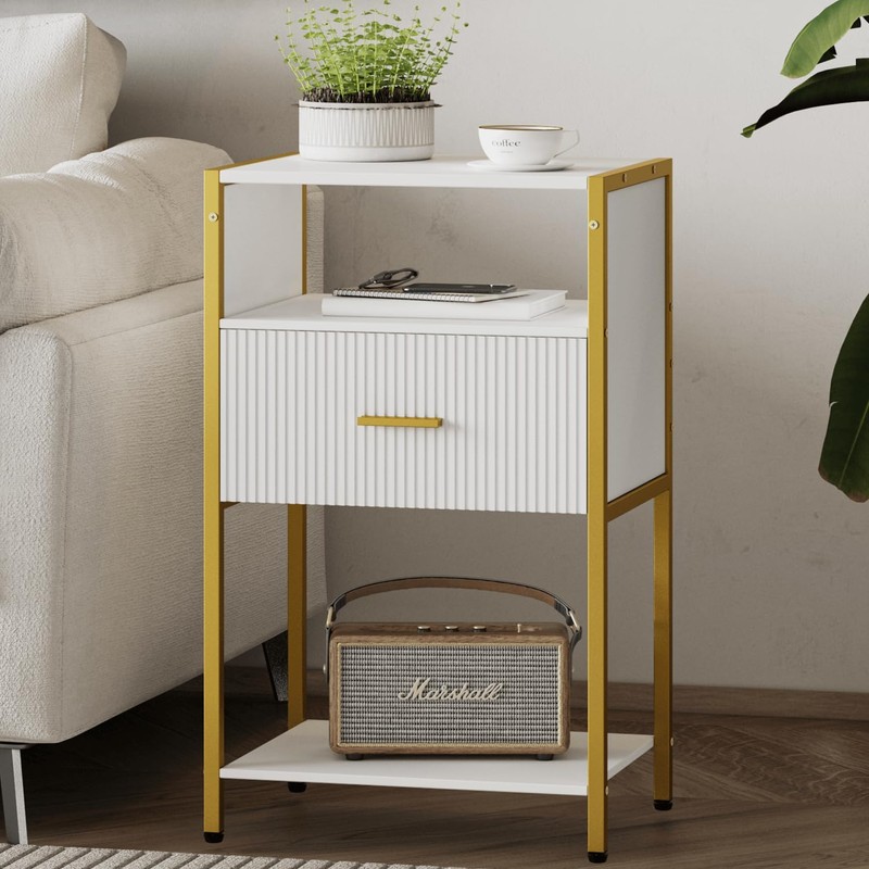 JOONEE Modern Nightstand, White and Gold Side Table with Drawer,