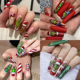 6 Sheets Christmas Nail Art Stickers 3D Self-Adhesive Snowflake Nail Stickers Green Monster Funny Cartoon Design Winter Xmas Nail Decals Nail Art Supplies for Women Girls Acrylic Nails DIY Xams