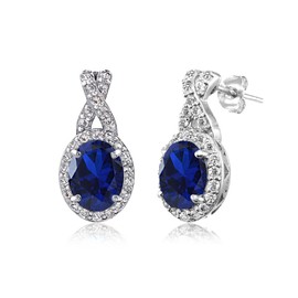 Sapphire Earrings for Women Trendy Sterling Silver Created Blue Gemstone & White Topaz Oval X Drop Fashion Earring