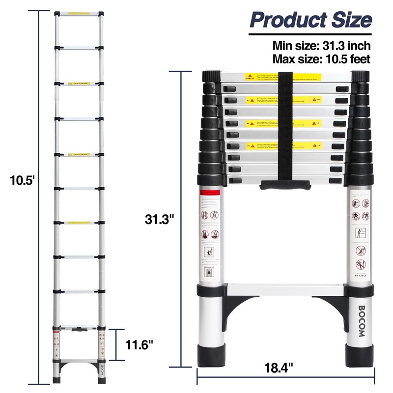 BOCOM 10.5 FT Aluminum Telescoping Ladder, Lightweight Multi-Purpose Collapsible Extension