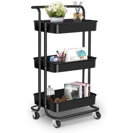 3 Tier Rolling Cart, Rolling Utility Metal Organization Cart with Handle and Lockable Wheels Casters, Mesh Basket Rack Storage Trolley Service Cart for Studio,Kitchen, Bathroom,Living Room, New Black
