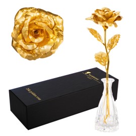 miomido Gold Dipped Rose Golden 24k Gold Forever Eternal Rose Genuine One of a Kind Eternity Rose - Romantic Gifts for Women Valentines Day Her Birthday Anniversary Mothers Day (L: Black Box + Vase)