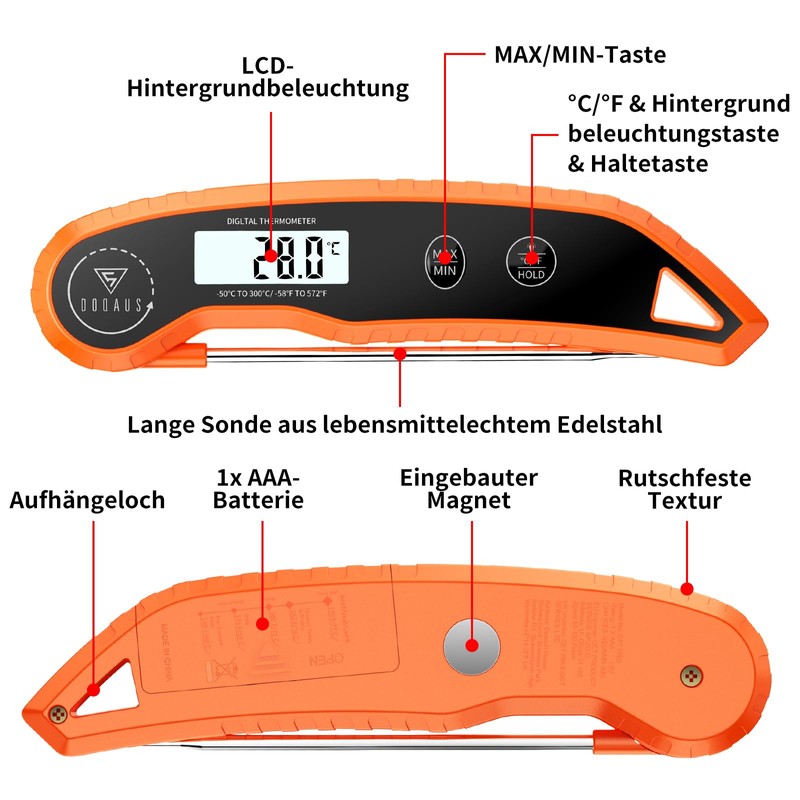 DOQAUS Meat Thermometer Accuracy ±0.5°C, 3s Reading, Roasting Thermometer, Grill
