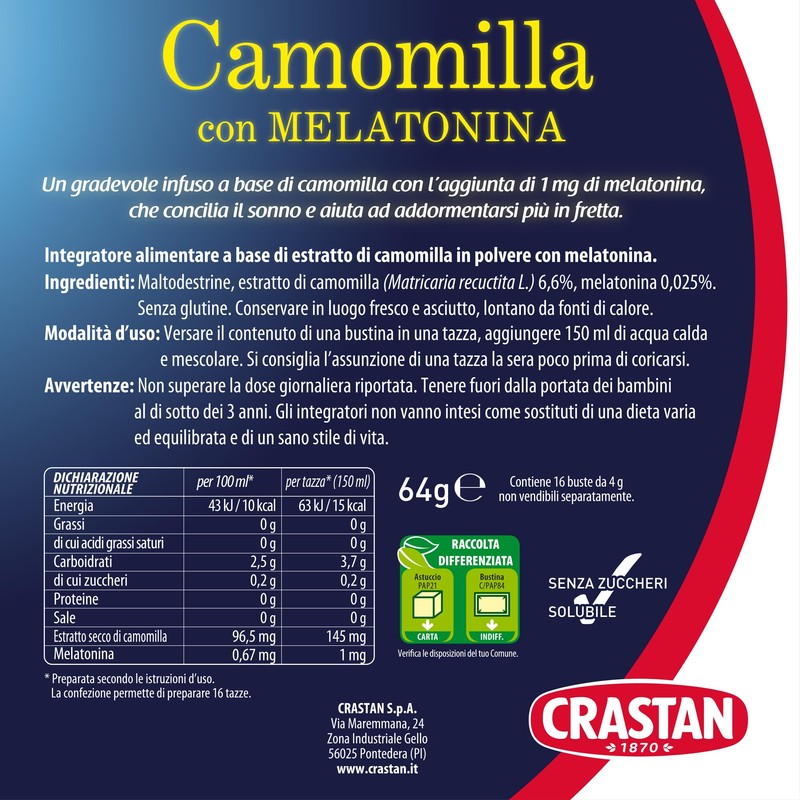Crastan Camomilla Solubile con Melatonina, senza Zuccheri Aggiunti, 16 Bustine,