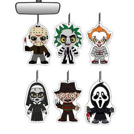 BOCACUE Car Air Freshener Hanging, 6Pcs Horror Figures Halloween Tree Decorations, Horror Movie Gifts, Halloween Air Freshener Car Decor, Scented Rearview Mirror Pendant, Halloween Gifts for Men Women