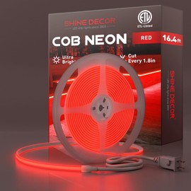 Shine Decor COB LED Neon Rope Light AC110-120V 16.4ft, 800lm Ultra Bright(Red), IP65 Waterproof ETL COB LED Strip Light, Cuttable LED Tape Light for Cabinet Bedroom Commercial 10x4.5mm