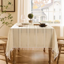 ZeeMart Hemstitched Embroidery Striped Boho Tablecloth 54x54 Inch Beige, Heavy Weight Farmhouse Burlap Linen Beige Tablecloth, Wrinkle Resistant Washable Table Cloth for Square Table