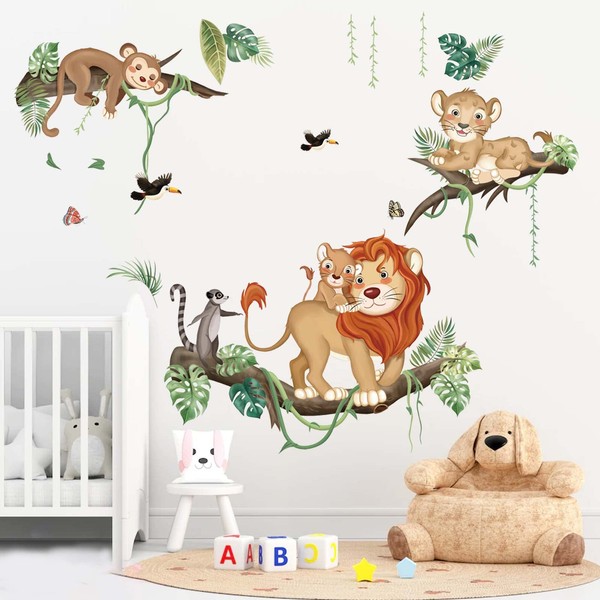 decalmile Stickers Muraux Animaux de la Jungle Autocollant Mural Safari Singe Lion Décoration Murale Chambre Enfants Bébé Pépinière Salon