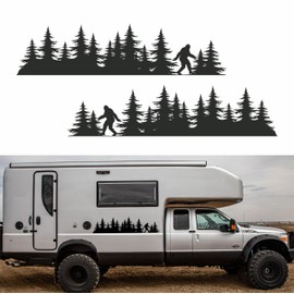 Sasquatch in Pine Trees Die Cut Vinyl Car Decals | Pine Tree Forest Vehicle Graphic Set for Truck, Van, Camper, RV | Big Foot Walking Through Forest x2 Graphics (55” x 13.4”, Matte Black)