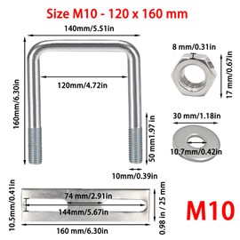 duoyif U-Screws M10 120 mm x 160 mm Large U Screws Square Stainless Steel with Nut Frame Plate Washer U Bolt M10 for Pipe Attachment Car Ships Towing 1 Piece (M10 120 x 160 mm)