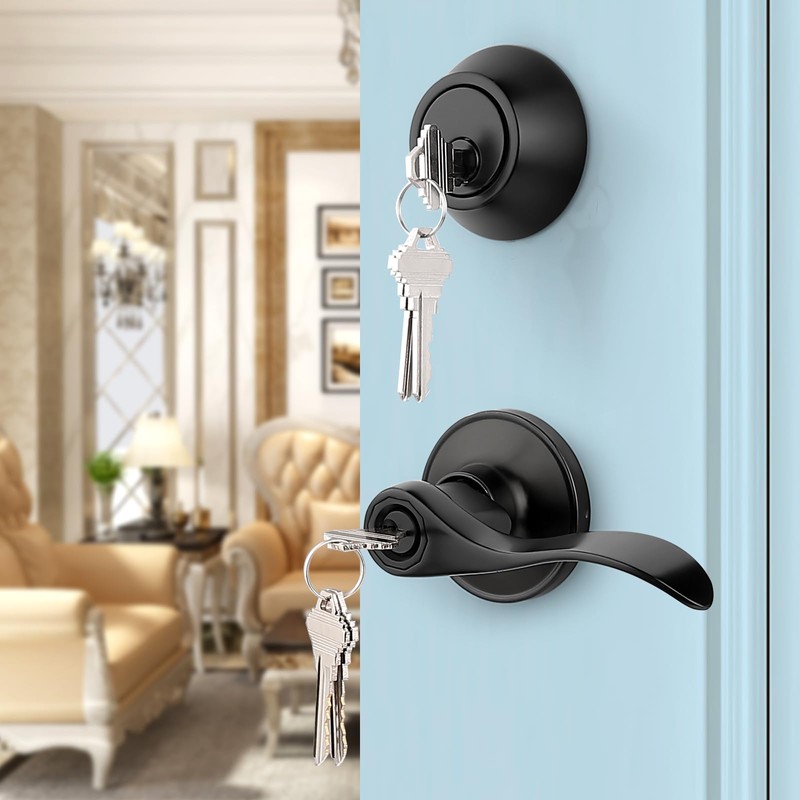 Probrico 2 Pack Black Door Lever and Single Cylinder Deadbolt