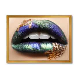 DesignQ Female Lips With Green Lipstick & Teeth Modern Framed Wall Art