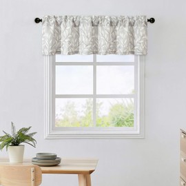 Leeva Short Curtains for Windows - Rod Pocket Farmhouse Leaves Short Window Curtains & Drapes for Living Room Kitchen, 52 x 12, Grey, One Panel